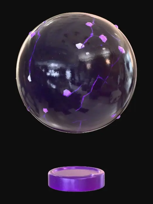 3D model for A levitating sphere of black glass polished to a mirror finish, its surface fractured with glowing violet cracks. Within the fractures, faint galaxies and stars can be seen swirling. A thin platinum ring orbits the orb, engraved with shifting runes that glow softly. PBR textures: black glass (refraction + roughness), platinum, emissive nebula maps. Designed for minimalist display with subtle cosmic distortion effects.