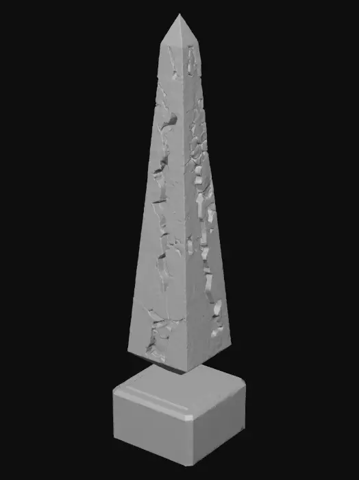 3D model for A floating obelisk-shaped artifact, made of cracked obsidian with embedded glowing runes. Deep grooves filled with pulsing amber light spiral up the core. The object appears levitating slightly above a carved stone base, surrounded by faint glowing debris fragments.