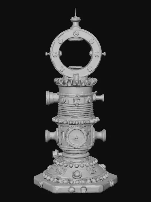 3D model for A vertically-stacked, gear-powered beacon with rotating rings and pistons, layered in brass and copper. The central core glows warm orange through grates, and small exhaust valves puff light steam. Mounted on a heavy hexagonal base, with riveted bolts and etchings.