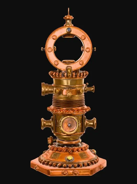 3D model for A vertically-stacked, gear-powered beacon with rotating rings and pistons, layered in brass and copper. The central core glows warm orange through grates, and small exhaust valves puff light steam. Mounted on a heavy hexagonal base, with riveted bolts and etchings.