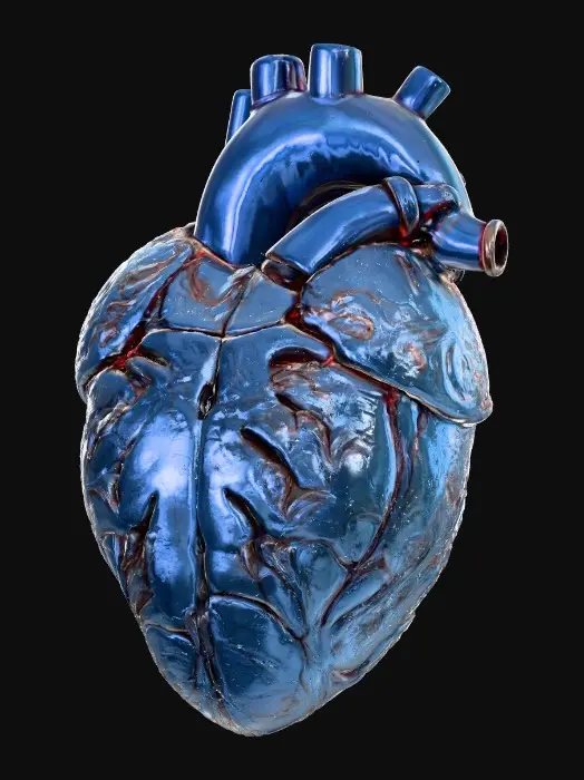 3D model for A compact fusion core resembling a heart, blending metallic and organic textures. Tubes, ridges, and pulsating veins cover the surface. Built-in glow lines pulse in electric blue and crimson, making it feel alive and powered. Encased in a half-open rib-like shell of matte steel.