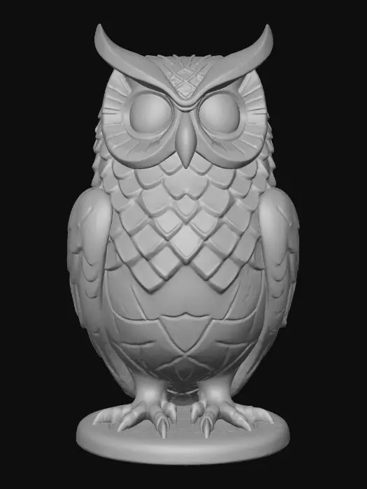 3D model for A stylized owl statue with large forward-facing gemstone eyes. Its wings are tucked in, and feathers look like layered overlapping scale plates, each carved with ancient runes. Material looks like dark green jade with golden veins. Perched on a small circular platform base.