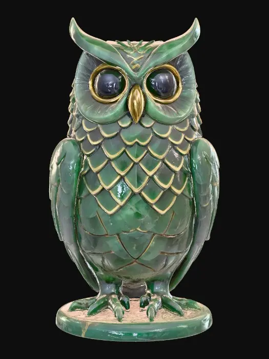 3D model for A stylized owl statue with large forward-facing gemstone eyes. Its wings are tucked in, and feathers look like layered overlapping scale plates, each carved with ancient runes. Material looks like dark green jade with golden veins. Perched on a small circular platform base.