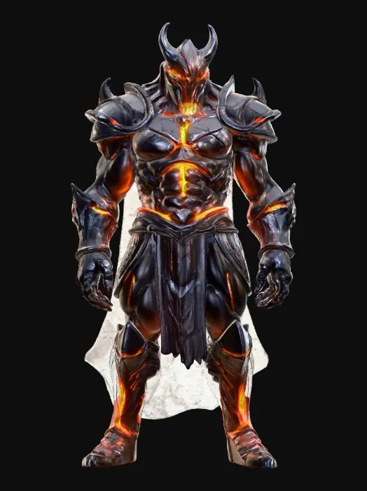 3D model for #villain# molten war titan forged of cracked volcanic stone, magma glowing in fissures across chest and arms, jagged basalt armor plates fused to its body, head a sharp rock helm with glowing ember eyes, arms massive with etched runic scars, fingers like blackened obsidian talons, steam and ash particles faintly radiating from glowing seams.