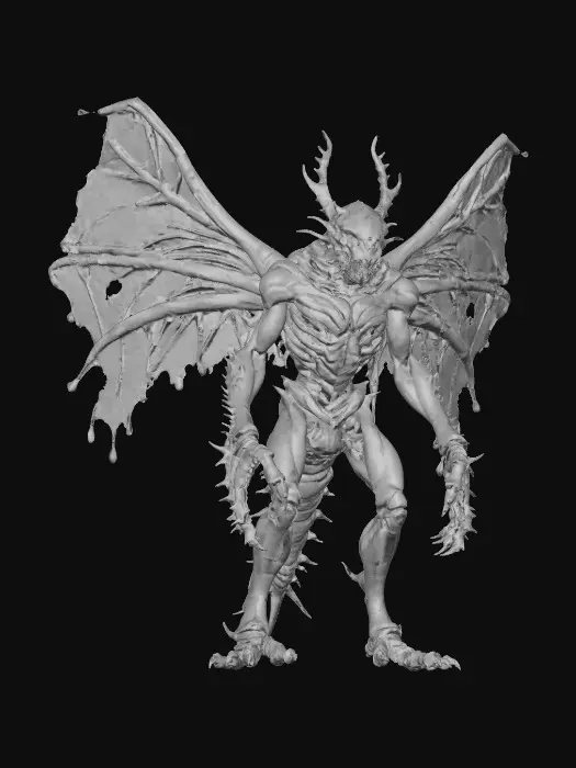 3D model for #villain# bio-organic insectoid overlord with a chitinous exoskeleton in sickly green and black, thorax ridged and pulsing with faint amber bioluminescence, elongated skull crowned with jagged horn-like protrusions, mandibles lined with dripping resin, wings torn yet veined with glowing orange patterns, spiny limbs tipped with serrated claws, surface slick and glossy like wet carapace.