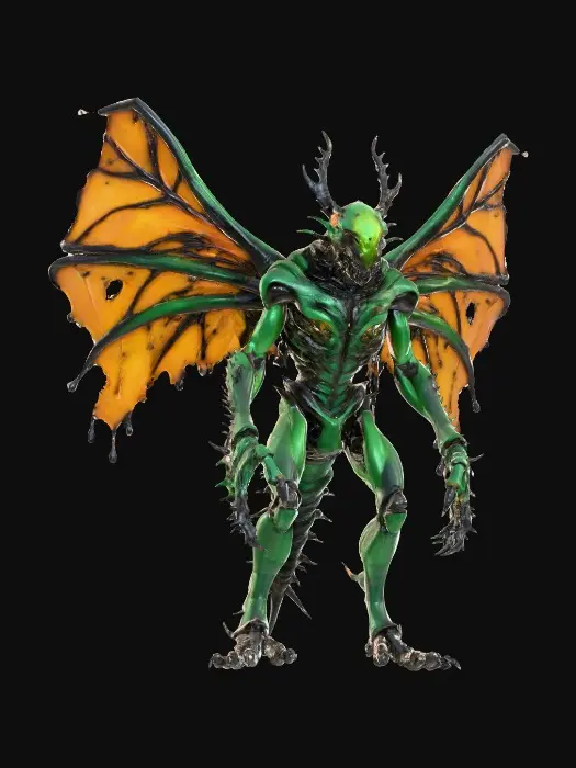 3D model for #villain# bio-organic insectoid overlord with a chitinous exoskeleton in sickly green and black, thorax ridged and pulsing with faint amber bioluminescence, elongated skull crowned with jagged horn-like protrusions, mandibles lined with dripping resin, wings torn yet veined with glowing orange patterns, spiny limbs tipped with serrated claws, surface slick and glossy like wet carapace.