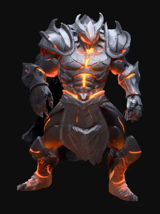 3D model for #villain# molten war titan forged of cracked volcanic stone, magma glowing in fissures across chest and arms, jagged basalt armor plates fused to its body, head a sharp rock helm with glowing ember eyes, arms massive with etched runic scars, fingers like blackened obsidian talons, steam and ash particles faintly radiating from glowing seams.