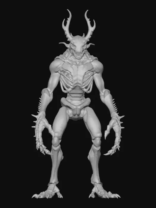 3D model for #villain# bio-organic insectoid overlord with a chitinous exoskeleton in sickly green and black, thorax ridged and pulsing with faint amber bioluminescence, elongated skull crowned with jagged horn-like protrusions, mandibles lined with dripping resin, wings torn yet veined with glowing orange patterns, spiny limbs tipped with serrated claws, surface slick and glossy like wet carapace.