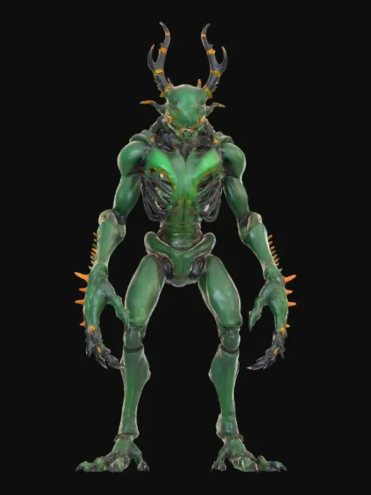 3D model for #villain# bio-organic insectoid overlord with a chitinous exoskeleton in sickly green and black, thorax ridged and pulsing with faint amber bioluminescence, elongated skull crowned with jagged horn-like protrusions, mandibles lined with dripping resin, wings torn yet veined with glowing orange patterns, spiny limbs tipped with serrated claws, surface slick and glossy like wet carapace.