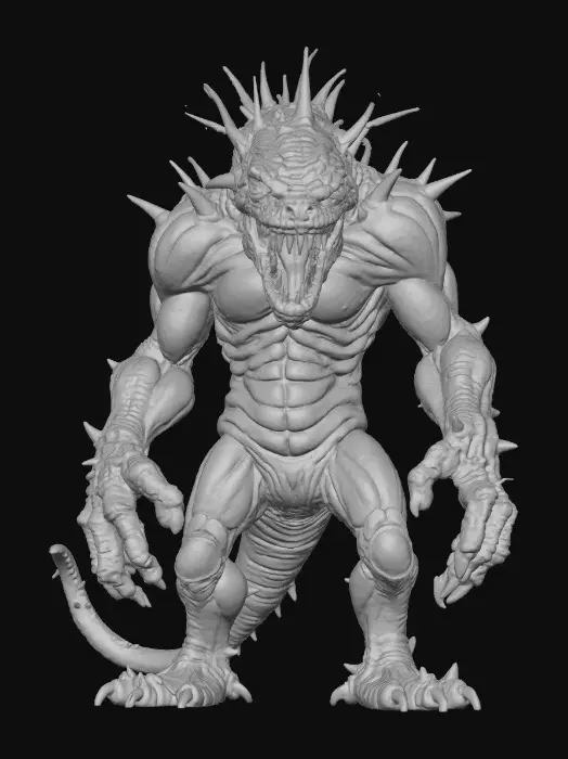 3D model for #villain#, A grotesque, hulking Bio-Abomination, its uneven, greenish-black hide glistening with a viscous, oily sheen and riddled with pulsating, tumor-like growths. Jagged bone spurs protrude from its hunched back and massive shoulders. Its multi-jointed limbs end in razor-sharp, chitinous claws, and its distorted head features a fanged maw constantly drooling iridescent fluid, with small, sunken yellow eyes fixed in a perpetual snarl.