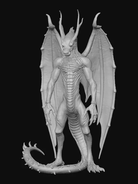3D model for #villain#, A serpentine Archon of the Abyss, its humanoid form draped in scales of iridescent, oil-slicked obsidian that shift with a subtle, dark rainbow sheen. Its elongated head is crowned with a cluster of jagged, crystalline horns, while its eyes glow with an inner, churning void. From its back, two pairs of leathery, bat-like wings emerge, veined with pulsing, bioluminescent magenta channels. Its expression is one of ancient, calculating malevolence, hands tipped with razor-sharp talons.