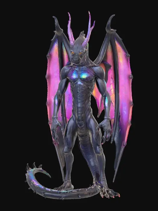 3D model for #villain#, A serpentine Archon of the Abyss, its humanoid form draped in scales of iridescent, oil-slicked obsidian that shift with a subtle, dark rainbow sheen. Its elongated head is crowned with a cluster of jagged, crystalline horns, while its eyes glow with an inner, churning void. From its back, two pairs of leathery, bat-like wings emerge, veined with pulsing, bioluminescent magenta channels. Its expression is one of ancient, calculating malevolence, hands tipped with razor-sharp talons.