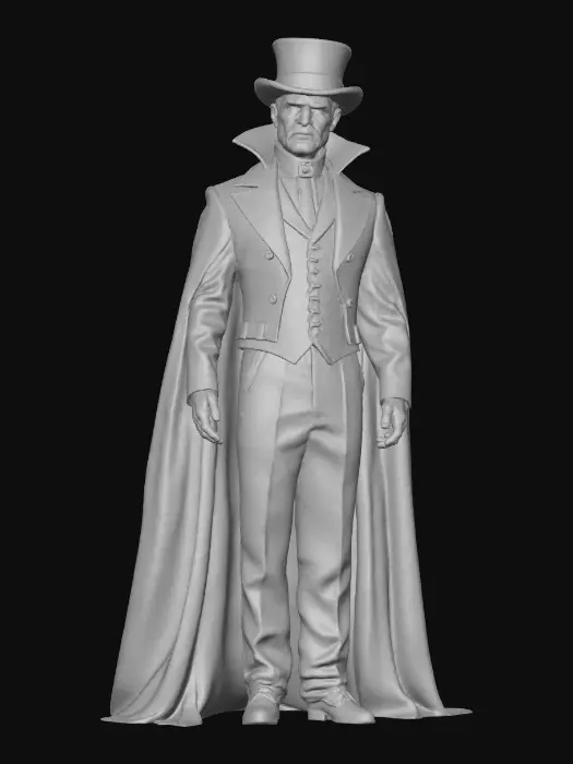 3D model for #villain#, Vampire lord in aristocratic attire, with fangs bared and a blood-red aura, posed dramatically for a gothic scene.