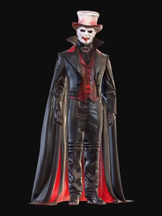 3D model for #villain#, Vampire lord in aristocratic attire, with fangs bared and a blood-red aura, posed dramatically for a gothic scene.