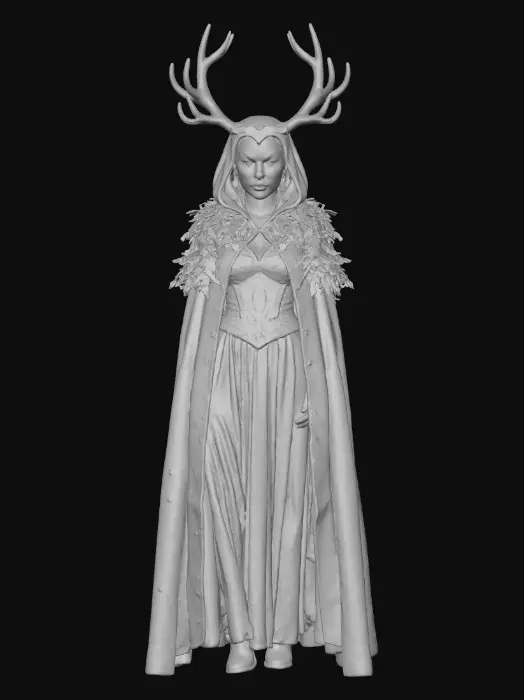 3D model for #Halloween2025#, A mystical forest spirit, elegantly floating with pale porcelain skin and piercing glowing crystal eyes, shrouded in a tattered velvet cloak interwoven with tangled, moss-covered vines. Its head is crowned by antlers crafted from polished silver branches. The dark velvet displays intricate embroidery of shimmering stars and ancient runes, conveying an eerie, gothic fairytale elegance in its gentle, hovering pose.