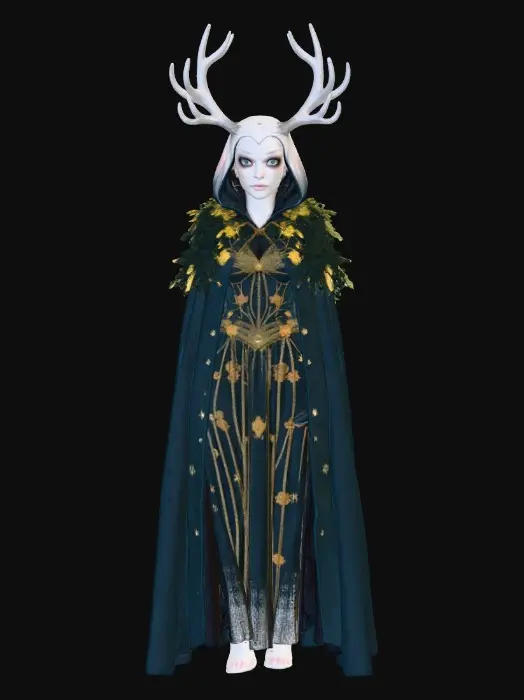 3D model for #Halloween2025#, A mystical forest spirit, elegantly floating with pale porcelain skin and piercing glowing crystal eyes, shrouded in a tattered velvet cloak interwoven with tangled, moss-covered vines. Its head is crowned by antlers crafted from polished silver branches. The dark velvet displays intricate embroidery of shimmering stars and ancient runes, conveying an eerie, gothic fairytale elegance in its gentle, hovering pose.