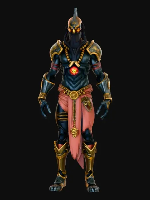 3D model for resurrected bushman god with glowing eyes, tribal jewelry, tangled beard, wearing futuristic Martian armor fused with SAN tribe symbols, standing in a strong A-pose