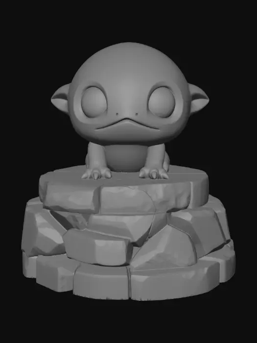 3D model for A highly detailed and stylized, chibi-like creature sculpted from polished stone or ceramic, featuring a rounded, simplified form with exaggerated proportions and large expressive eyes. The surface shows subtle wear, small cracks, and natural imperfections, giving it a slightly aged, handcrafted feel.
The figure sits centered on a blocky, cracked stone pedestal made of stacked cubic rocks with visible seams.