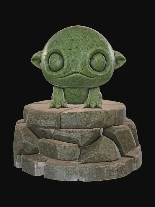 3D model for A highly detailed and stylized, chibi-like creature sculpted from polished stone or ceramic, featuring a rounded, simplified form with exaggerated proportions and large expressive eyes. The surface shows subtle wear, small cracks, and natural imperfections, giving it a slightly aged, handcrafted feel.
The figure sits centered on a blocky, cracked stone pedestal made of stacked cubic rocks with visible seams.