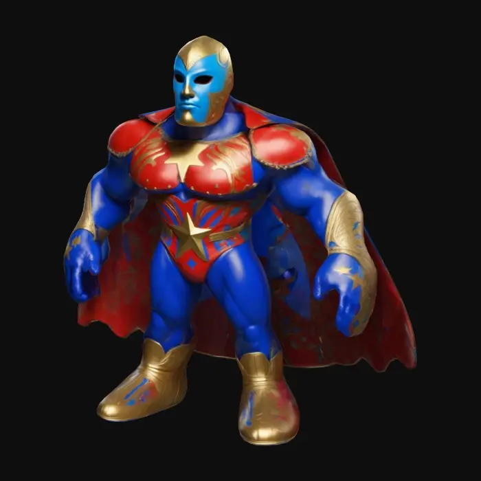 3D model for Stylized muscular humanoid inspired by a luchador, featuring a bright blue mask with gold star accents, a red cape flowing dramatically, and vibrant wrestling attire with bold primary colors. The character stands in a powerful A-pose, exuding energy and strength, with intricate textured details on the mask, fabric, and boots. Add a playful touch with cartoonish proportions and a confident expression, blending realism with a bold, heroic aesthetic.