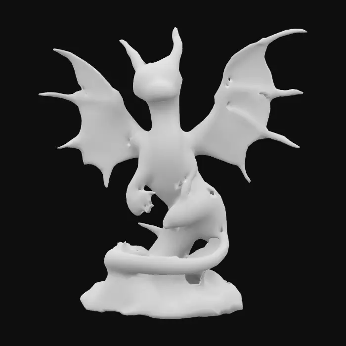 3D model for A Dralbush, a fantastical hybrid between a dragon and a plant. Its base is rooted in the ground with bark-like scales, while its body rises into a serpentine form covered in leafy fronds. Its wings are translucent, veined like leaves, glowing faintly green. The head resembles a dragon with mossy ridges and glowing yellow eyes, while its breath releases glowing spores instead of fire.