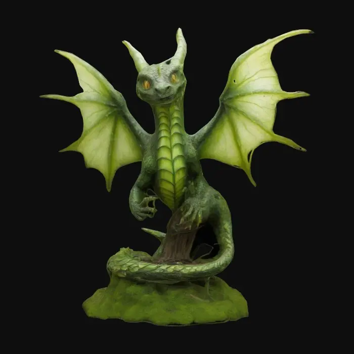 3D model for A Dralbush, a fantastical hybrid between a dragon and a plant. Its base is rooted in the ground with bark-like scales, while its body rises into a serpentine form covered in leafy fronds. Its wings are translucent, veined like leaves, glowing faintly green. The head resembles a dragon with mossy ridges and glowing yellow eyes, while its breath releases glowing spores instead of fire.