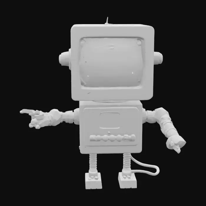 3D model for Anthropomorphic CRT television-headed humanoid in a T-pose, with a retro boxy monitor for a head displaying static and glitching colors. Slender humanoid body made of glossy black plastic and chrome joints, with thin rubbery limbs outstretched horizontally. Bright neon wires dangle from the neck and elbows, glowing softly in pink and green. Surface textures are smooth with slight scratches and scuffs, giving a used, retro-futuristic feel. Clean, bold silhouette, no background.