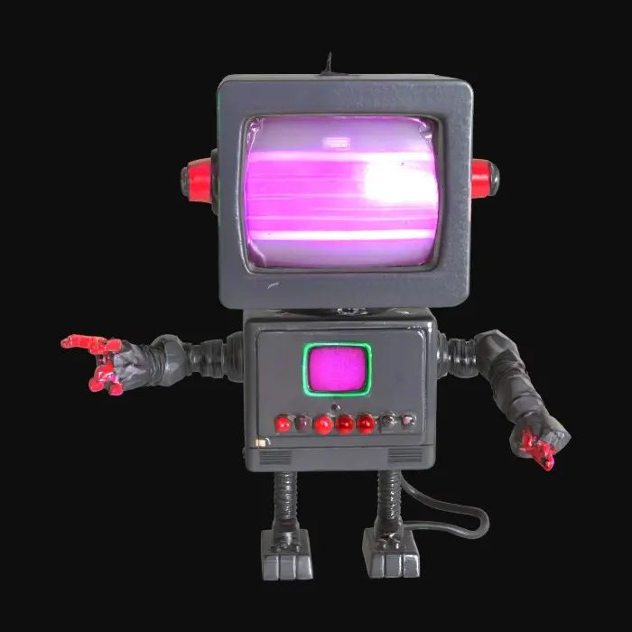 3D model for Anthropomorphic CRT television-headed humanoid in a T-pose, with a retro boxy monitor for a head displaying static and glitching colors. Slender humanoid body made of glossy black plastic and chrome joints, with thin rubbery limbs outstretched horizontally. Bright neon wires dangle from the neck and elbows, glowing softly in pink and green. Surface textures are smooth with slight scratches and scuffs, giving a used, retro-futuristic feel. Clean, bold silhouette, no background.