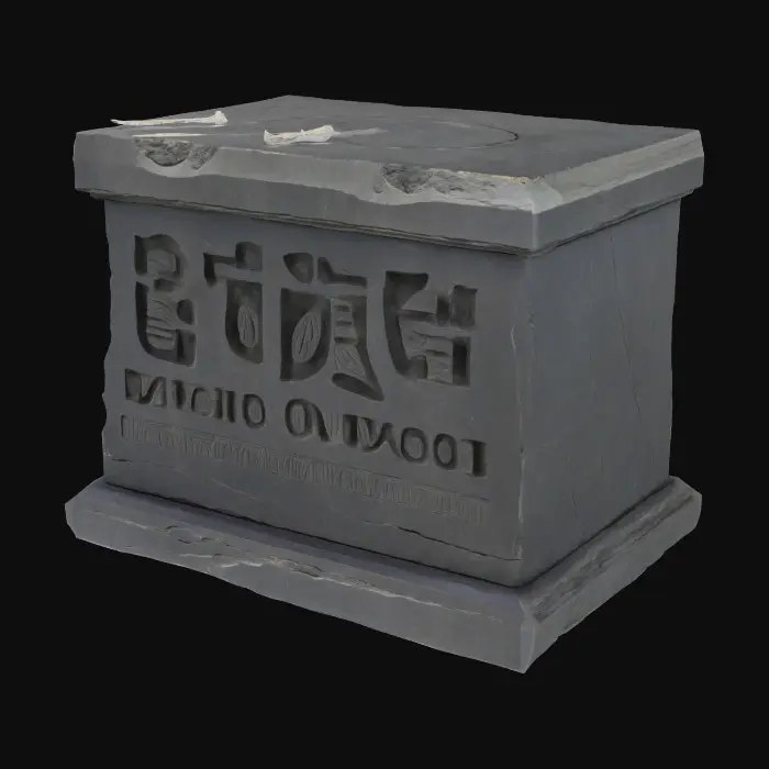3D model for Monolithic altar block carved from dark slate, rectangular with slightly tapered sides. Top surface engraved with deep concentric circles and intersecting lines. Edges chipped and corners worn smooth from age. Texture is rough, with visible tool marks and fine cracks. Base wider than top, giving a grounded, heavy presence. No ornamentation beyond the simple carvings.