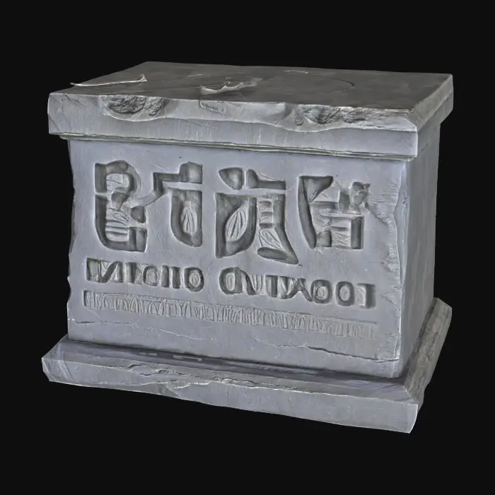 3D model for Monolithic altar block carved from dark slate, rectangular with slightly tapered sides. Top surface engraved with deep concentric circles and intersecting lines. Edges chipped and corners worn smooth from age. Texture is rough, with visible tool marks and fine cracks. Base wider than top, giving a grounded, heavy presence. No ornamentation beyond the simple carvings.