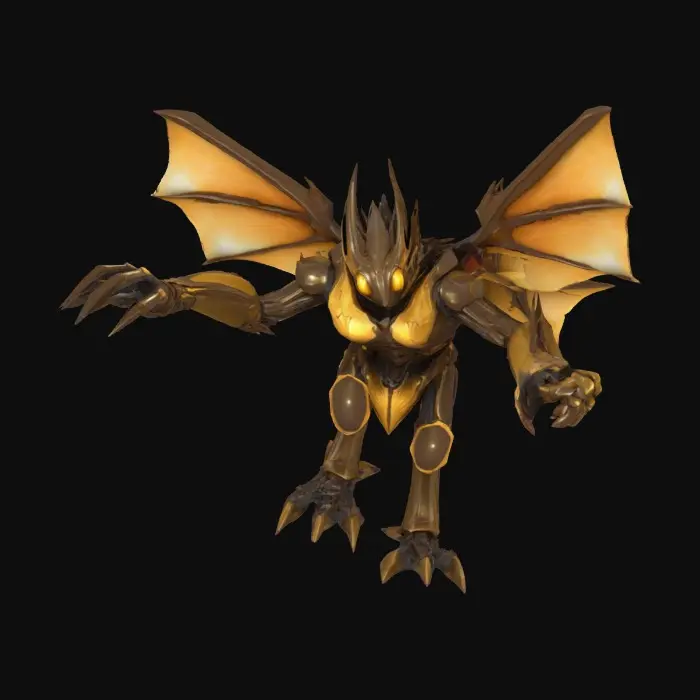 3D model for A sinewy, insectoid desert stalker in T-pose, its chitinous body shimmering with bronze and sand-gold hues. Long segmented limbs end in sharp, scythe-like claws, with delicate spines running along its forearms. Its elongated head has a layered, armored crest, and multifaceted eyes that faintly glimmer amber. Thin, membranous wings rest folded along its back, torn and sun-bleached at the edges. The textures shift between glossy, shell-like plates and dry, cracked surfaces, giving it an aged, battle-worn presence.