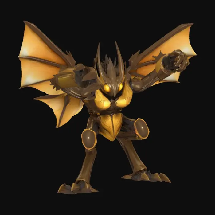 3D model for A sinewy, insectoid desert stalker in T-pose, its chitinous body shimmering with bronze and sand-gold hues. Long segmented limbs end in sharp, scythe-like claws, with delicate spines running along its forearms. Its elongated head has a layered, armored crest, and multifaceted eyes that faintly glimmer amber. Thin, membranous wings rest folded along its back, torn and sun-bleached at the edges. The textures shift between glossy, shell-like plates and dry, cracked surfaces, giving it an aged, battle-worn presence.