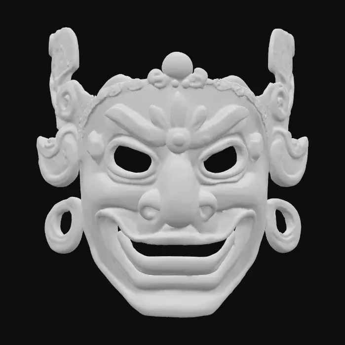 3D model for Ornate ceremonial mask crafted from lacquered wood, vivid deep red base with bold gold-painted patterns across the cheeks and brow. Large almond-shaped eye openings outlined in black. Forehead inset with a carved sun emblem, painted bright yellow. Surface smooth and glossy with fine brushstroke textures visible. Edges slightly worn, exposing the darker wood beneath.