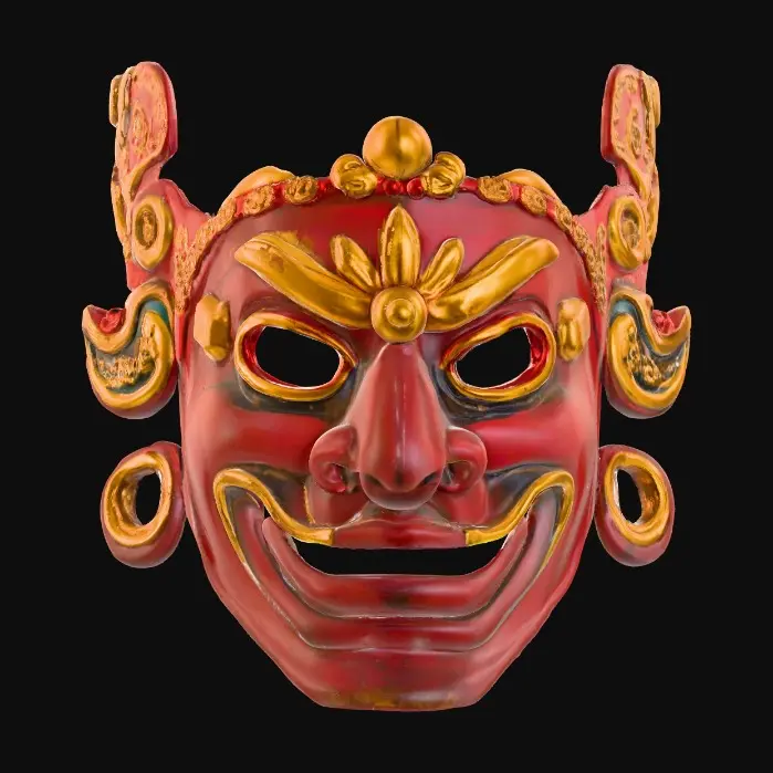 3D model for Ornate ceremonial mask crafted from lacquered wood, vivid deep red base with bold gold-painted patterns across the cheeks and brow. Large almond-shaped eye openings outlined in black. Forehead inset with a carved sun emblem, painted bright yellow. Surface smooth and glossy with fine brushstroke textures visible. Edges slightly worn, exposing the darker wood beneath.