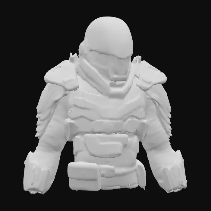 3D model for Cyberpunk bounty hunter in segmented matte-black armor with iridescent purple edges. Smooth reflective black faceplate etched with thin neon-blue light veins. Layered shoulder plates with light scuffs, chestplate of dark carbon-fiber hex panels edged in red glow. Arms wrapped in black synthetic leather straps over plated forearms, chrome buckles catching light. Clawed carbon-talon fingertips. A tattered deep-crimson half-cape frays at the edges. On the back, a compact reactor core pulses blue, thin vapor drifting from vents.