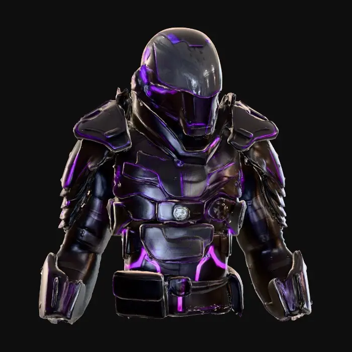3D model for Cyberpunk bounty hunter in segmented matte-black armor with iridescent purple edges. Smooth reflective black faceplate etched with thin neon-blue light veins. Layered shoulder plates with light scuffs, chestplate of dark carbon-fiber hex panels edged in red glow. Arms wrapped in black synthetic leather straps over plated forearms, chrome buckles catching light. Clawed carbon-talon fingertips. A tattered deep-crimson half-cape frays at the edges. On the back, a compact reactor core pulses blue, thin vapor drifting from vents.
