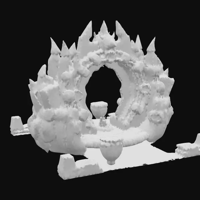 3D model for Create a massive floating arcane fortress core — a jagged, blackened stone monolith with colossal golden mechanical rings orbiting it, engraved with glowing runes in shifting languages. Between the rings, rivers of molten crystal flow upward against gravity, breaking into shards that hover mid-air. The core’s center is a swirling galaxy-like vortex of blue, purple, and green energy, with occasional lightning arcs. Fractured platforms of obsidian and ancient marble orbit the structure, chained together by ethereal, ghostly links that fade in and out of sight.