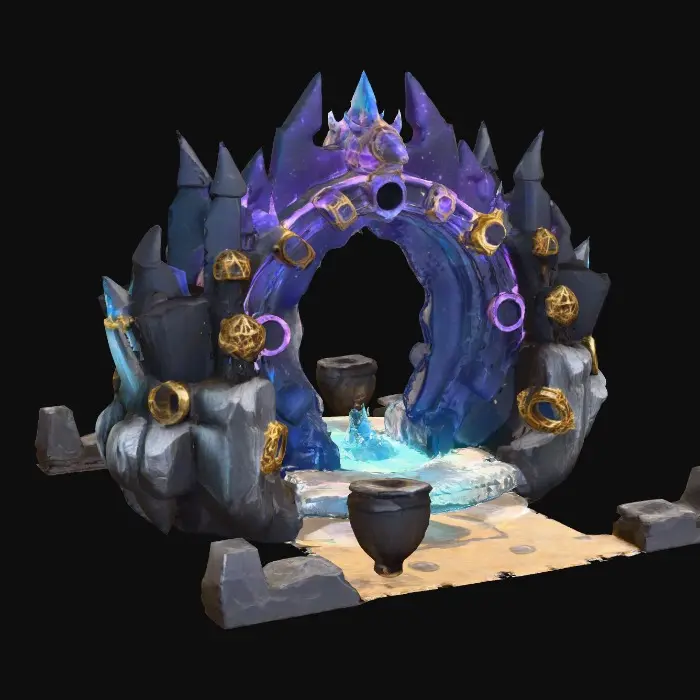3D model for Create a massive floating arcane fortress core — a jagged, blackened stone monolith with colossal golden mechanical rings orbiting it, engraved with glowing runes in shifting languages. Between the rings, rivers of molten crystal flow upward against gravity, breaking into shards that hover mid-air. The core’s center is a swirling galaxy-like vortex of blue, purple, and green energy, with occasional lightning arcs. Fractured platforms of obsidian and ancient marble orbit the structure, chained together by ethereal, ghostly links that fade in and out of sight.