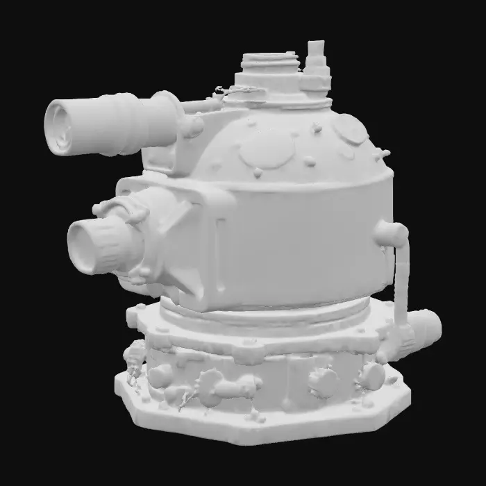 3D model for A small steampunk turret mounted on a brass base, constructed from oxidized copper and aged brass with etched engravings and burnished steel joints; dominant color is tarnished bronze green, accented with scorched umber; textures include ridged, knurled, and rust-pitted surfaces; visible mechanical wear and soot buildup around the barrel; glowing amber ring around the scope., #PBR#