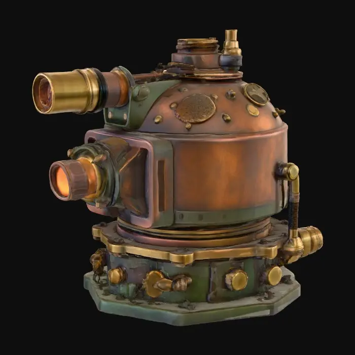 3D model for A small steampunk turret mounted on a brass base, constructed from oxidized copper and aged brass with etched engravings and burnished steel joints; dominant color is tarnished bronze green, accented with scorched umber; textures include ridged, knurled, and rust-pitted surfaces; visible mechanical wear and soot buildup around the barrel; glowing amber ring around the scope., #PBR#
