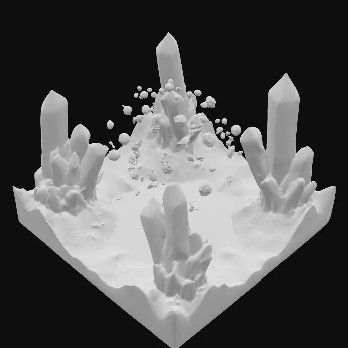 3D model for #PBR#, Hyper-detailed 3D model render of a crystal biome diorama: towering translucent quartz spires in shades of violet and teal, jagged crystalline cliffs, glowing mineral veins running through the terrain, and a pool of liquid light at the center reflecting the crystals. Small floating crystal shards orbit above the ground as if magnetized. Ultra-sharp PBR materials (glass, refractive minerals, iridescent surfaces), dramatic studio lighting with rim highlights, cinematic shadows, rendered on a neutral black-to-deep-purple gradient background. Showcase quality, professional 3D model, ultra realistic, ray-traced reflections, fine micro details.