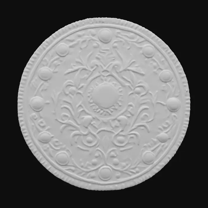 3D model for A 3D model of an oversized ceremonial coin, forged from aged silver with intricate reliefs of constellations and planetary orbits. The coin has gold filigree edges and small embedded opals. PBR textures: aged silver (roughness + AO), polished gold, opal with iridescent sheen. Geometry optimized for ultra-close macro rendering with displacement for engraving depth.