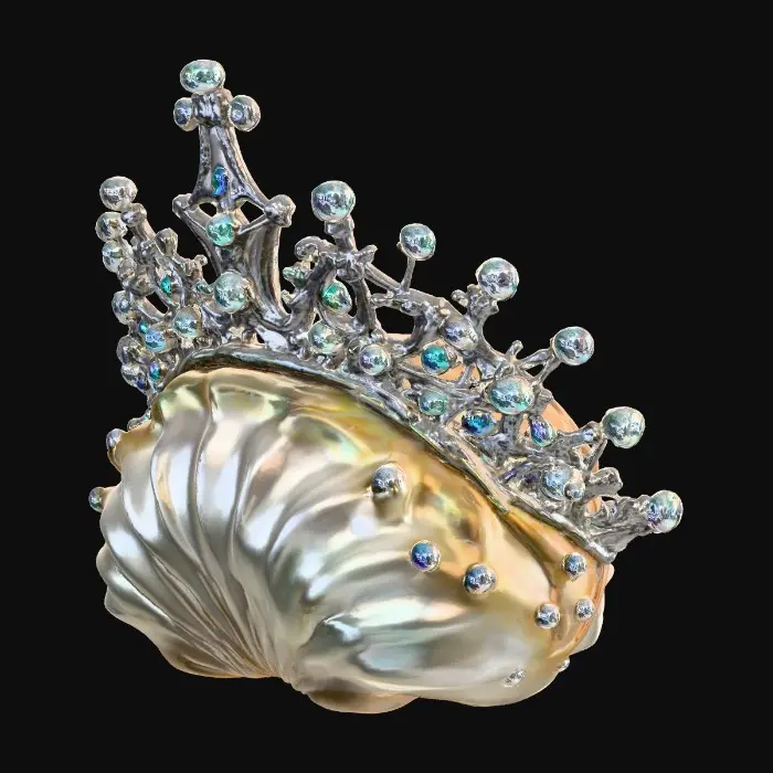 3D model for A 3D model of a regal crown sculpted from intertwining silver corals and luminous abalone shell. Small droplets of crystal water hover above like gems frozen mid-air. PBR materials: abalone shell (iridescence), polished silver, transparent water crystals. Modeled for clarity and symmetry, with a clean regal aesthetic.