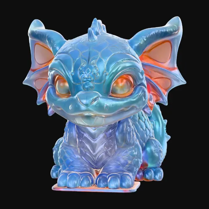 3D model for A small sculpture of a mythical creature, carved from translucent gemstone with layered facets. The creature's eyes glow faintly, and its surface is covered with engraved sigils and elemental veins. The form is chunkier and solid — ideal for 3D printing without fragile details.