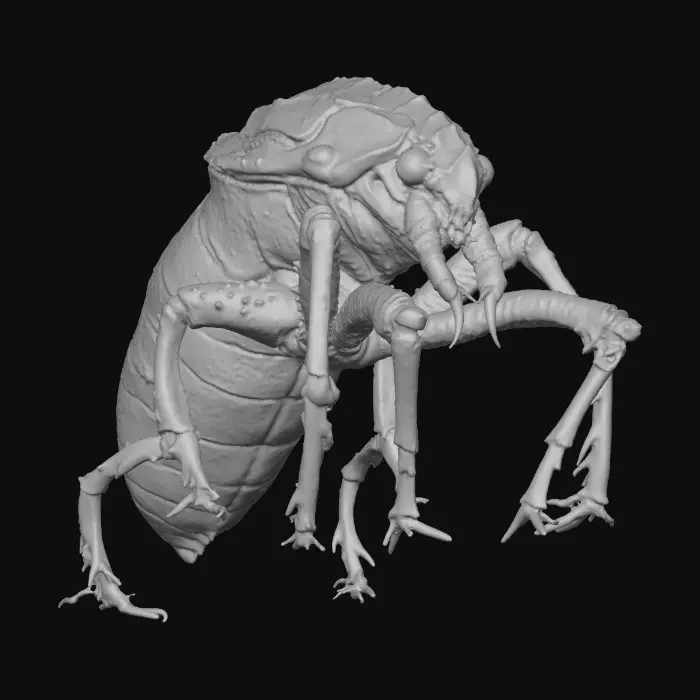 3D model for #villain# bio-organic insectoid overlord with a chitinous exoskeleton in sickly green and black, thorax ridged and pulsing with faint amber bioluminescence, elongated skull crowned with jagged horn-like protrusions, mandibles lined with dripping resin, wings torn yet veined with glowing orange patterns, spiny limbs tipped with serrated claws, surface slick and glossy like wet carapace.