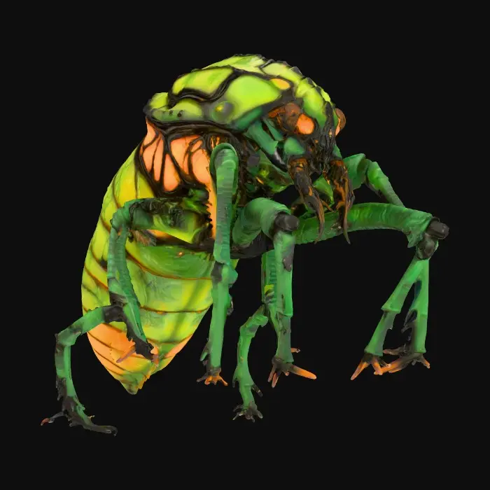 3D model for #villain# bio-organic insectoid overlord with a chitinous exoskeleton in sickly green and black, thorax ridged and pulsing with faint amber bioluminescence, elongated skull crowned with jagged horn-like protrusions, mandibles lined with dripping resin, wings torn yet veined with glowing orange patterns, spiny limbs tipped with serrated claws, surface slick and glossy like wet carapace.