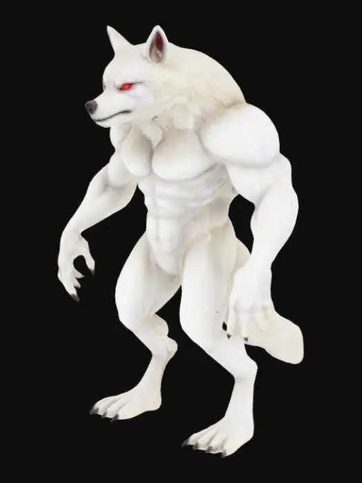 3D model for Un loup blanc humanoïde avec des yeux rouge écarlate et un épaisse fourure.