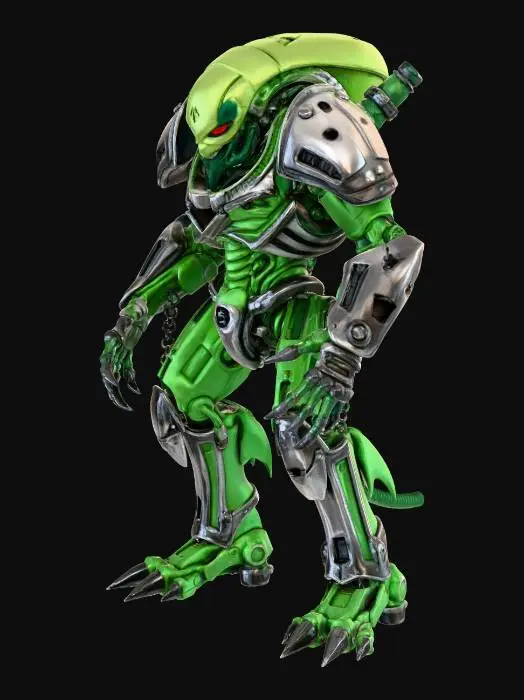 3D model for Agressive, muscular Alien war Droid. colorized in 4 colors.