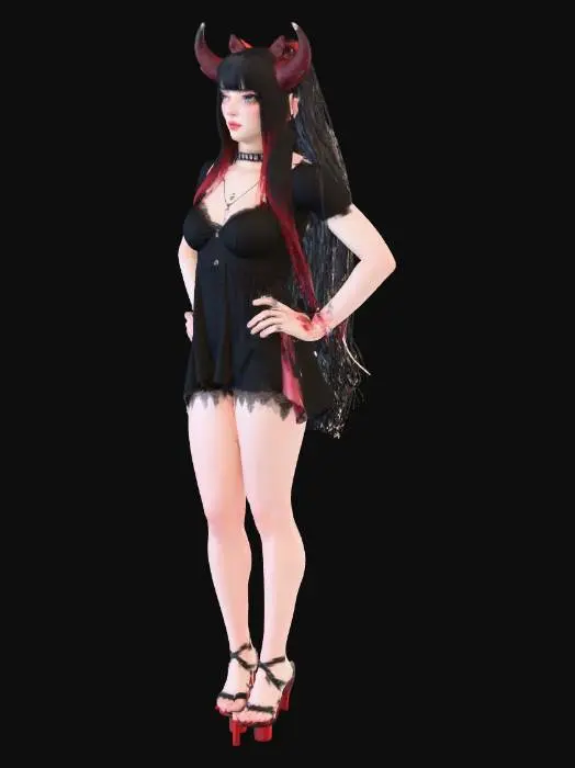 3D model for a  girl with horns out of her head black hair with red higlights she is wearing a dress there is blood on her hands the color of her dress is black and has rips on the bottom of her dress she has big 
breasts