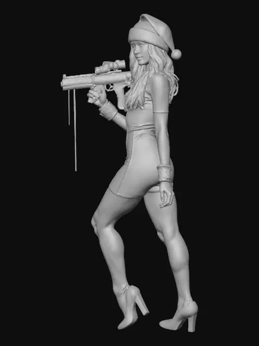 3D model for a woman wearing tights and a hot red dress with a Christmas hat that has lots of sparkle and she has a wepon in her hand with blood